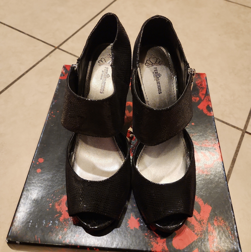 Fergalicious Black Peep-Toe Ankle-Strap Heels
